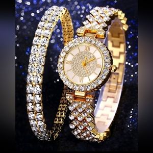 New Ladies Gold CZ iced out quartz watch and matching CZ bracelet set